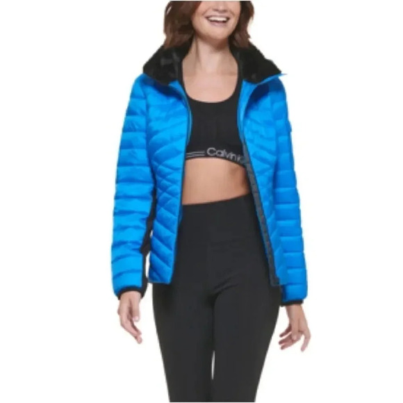 Calvin Klein Hooded Mixed-Media Puffer Jacket Blue  NWT - Picture 1 of 4